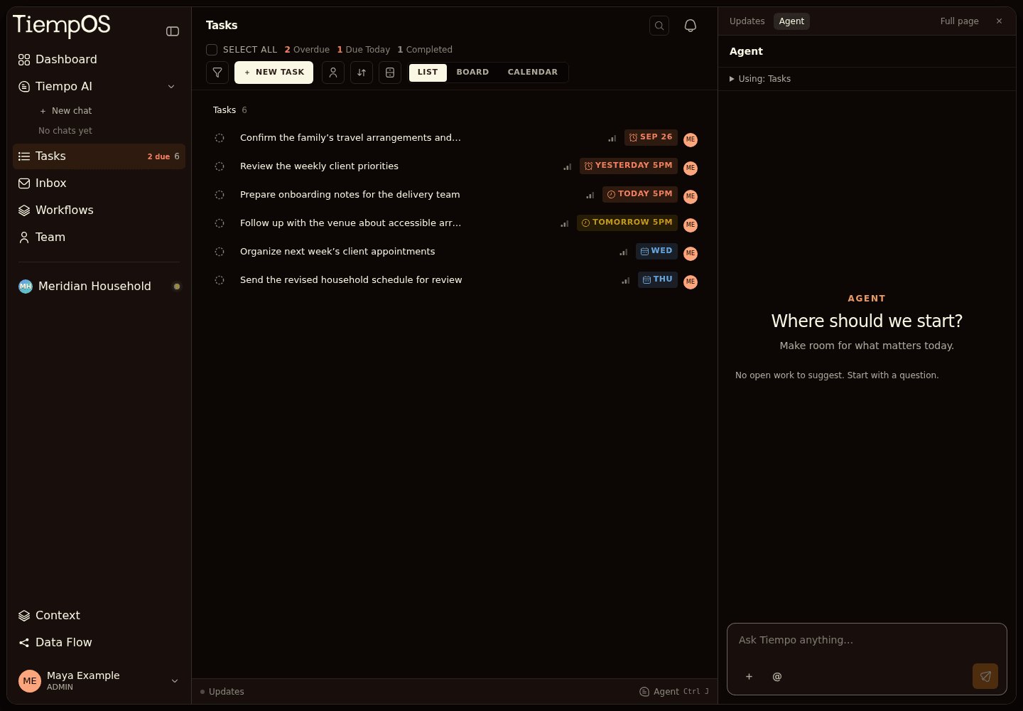 TiempOS task list with the assistant panel open
