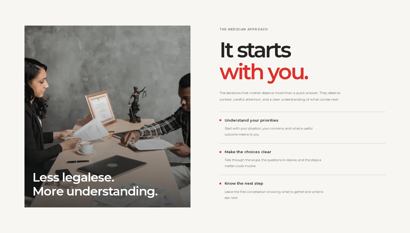 Meridian Counsel approach section pairing a conversation photograph with its process
