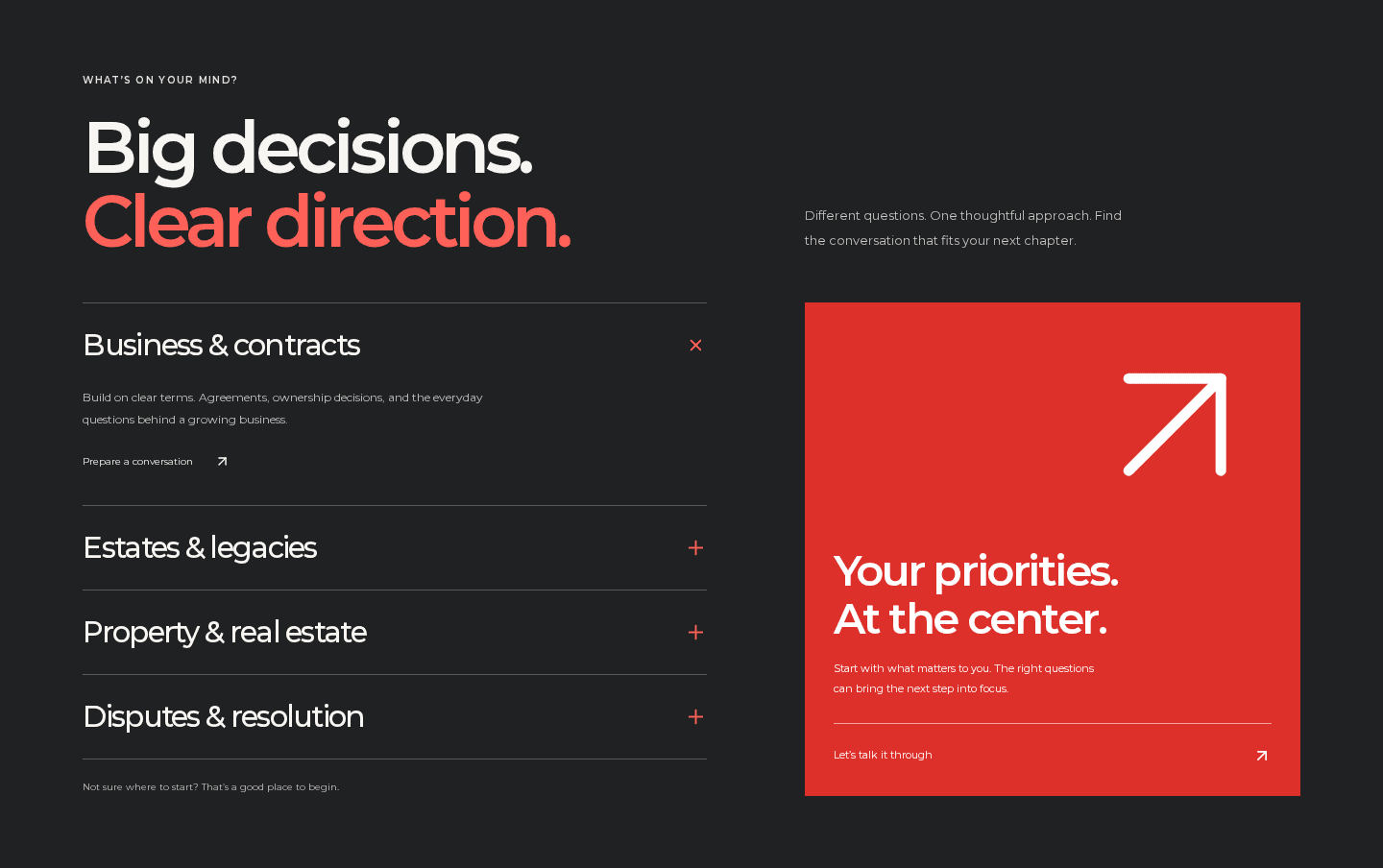 Meridian Counsel practice area discovery with expandable service information