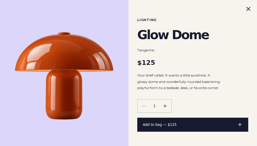 Forma Objects product details with a large product photograph, description, and add-to-bag controls