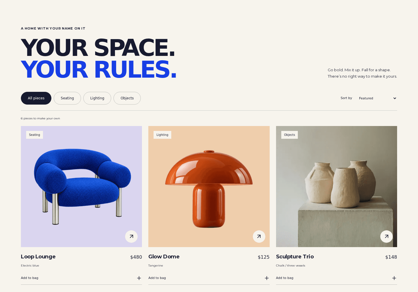 Forma Objects product collection with prices, categories, and sculptural product photography