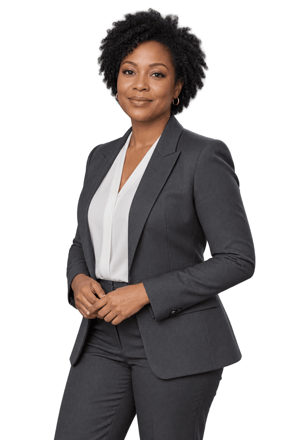 Portrait of a woman in a charcoal suit, looking confidently toward the viewer