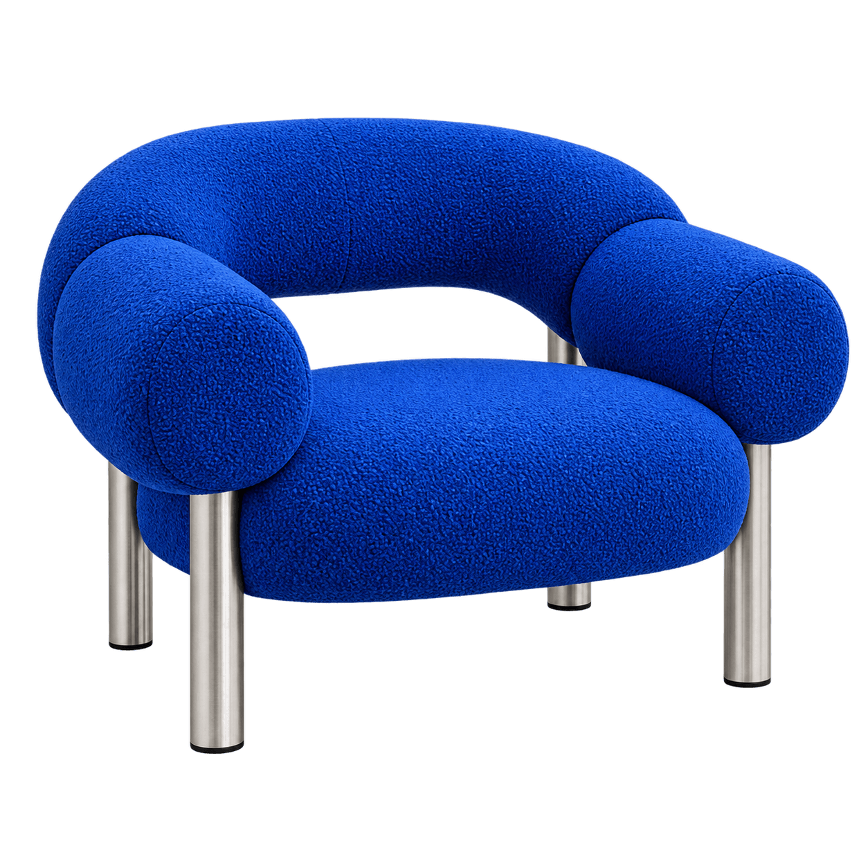 Electric cobalt upholstered lounge chair with rounded arms and polished metal legs