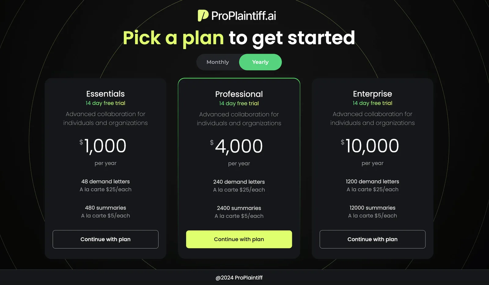 Pro Plaintiff AI product interface