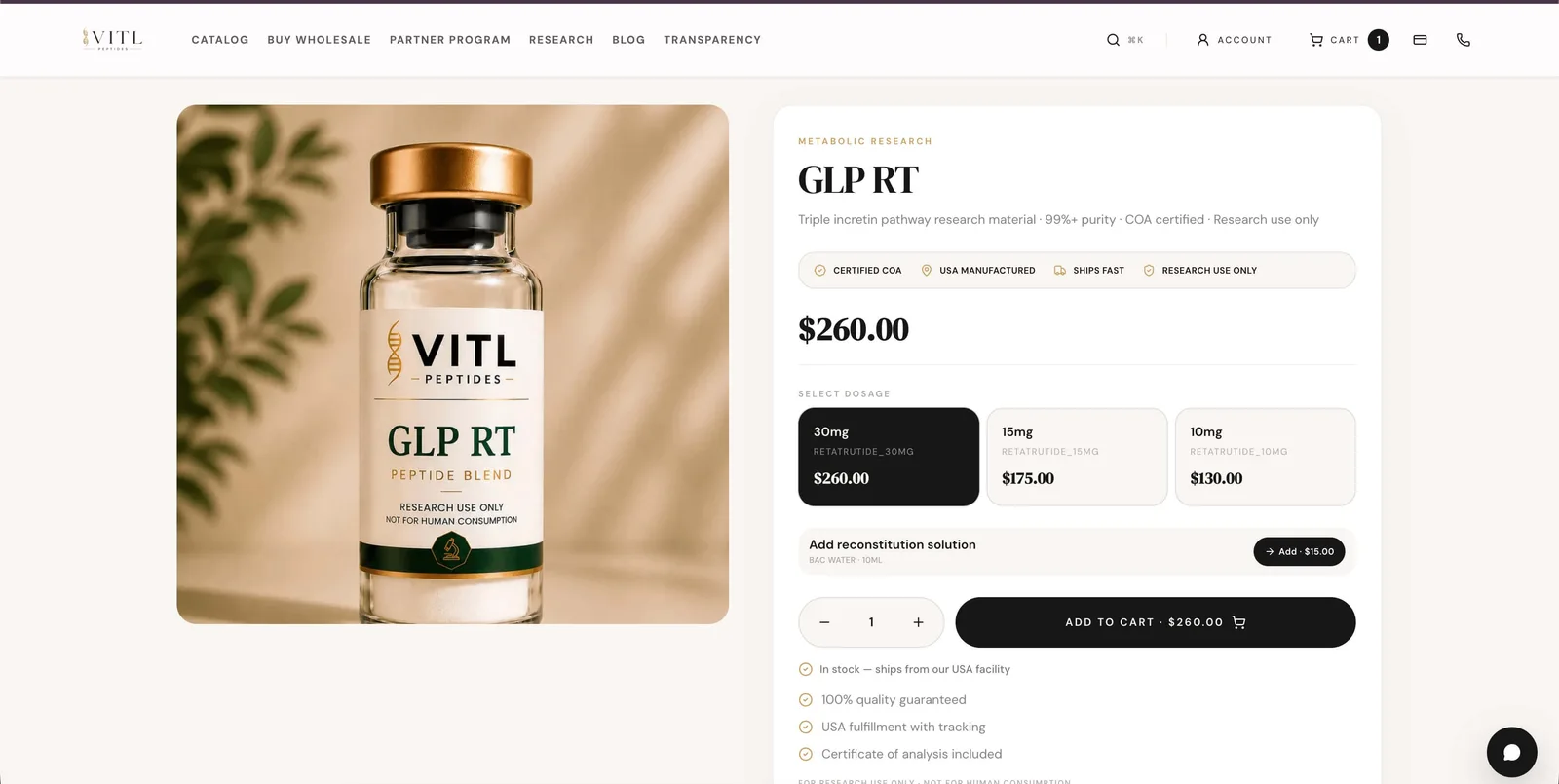 Vitl Peptides product interface