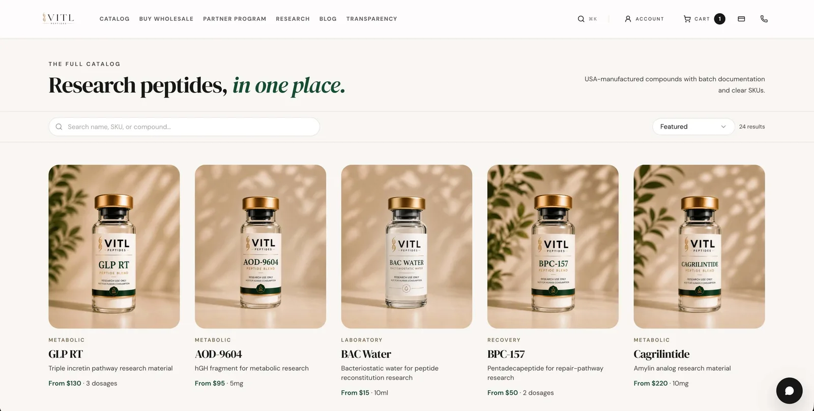 Vitl Peptides product interface