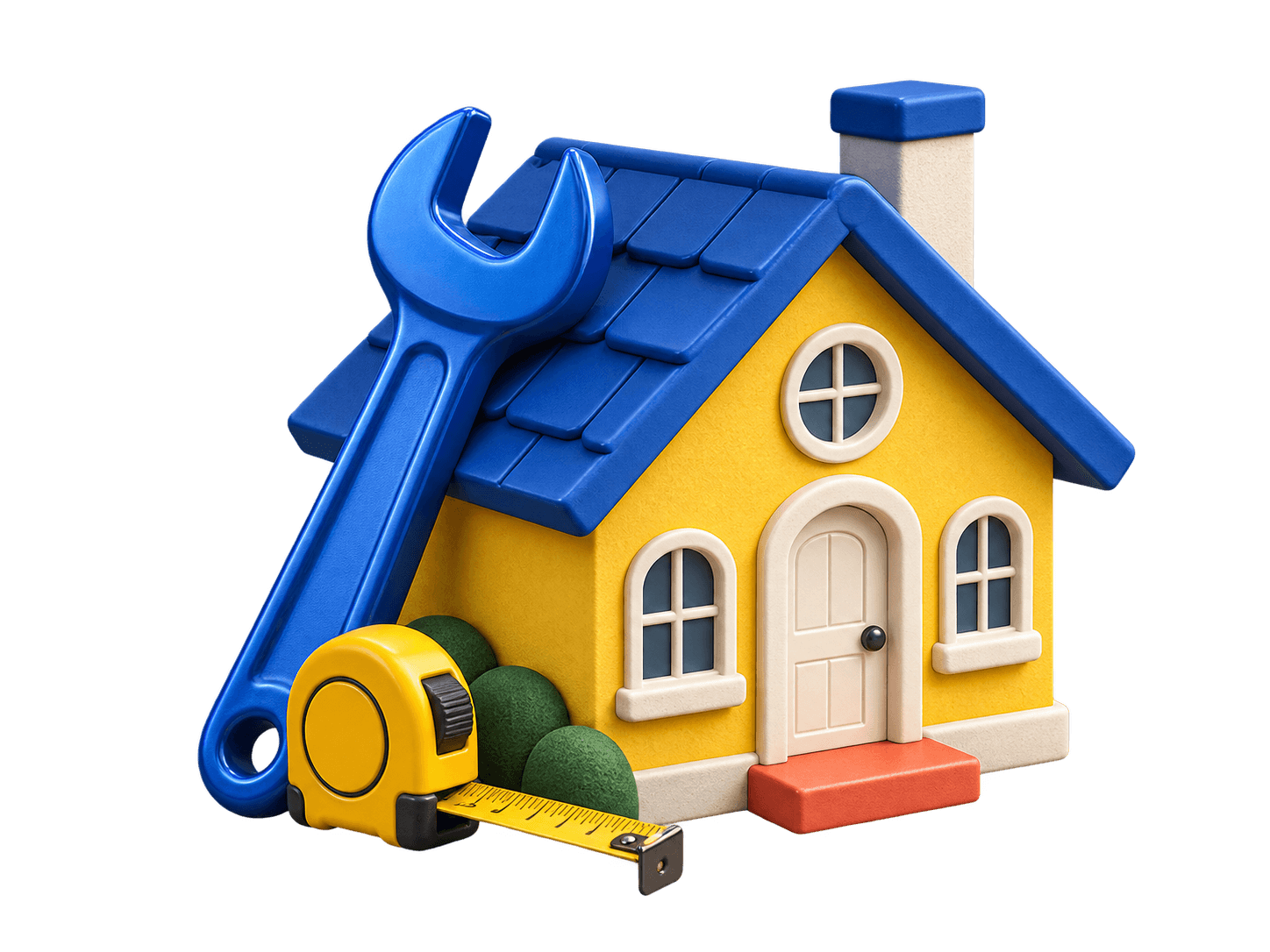 A sunny yellow house with a blue roof, oversized wrench, and tape measure