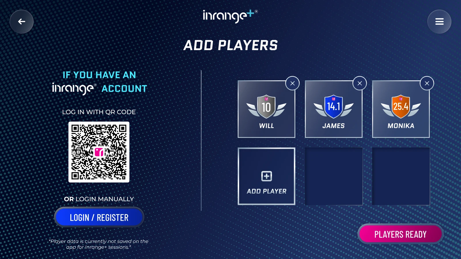 Inrange plus add-players interface with QR sign-in, player cards, handicap badges, and a Players Ready action