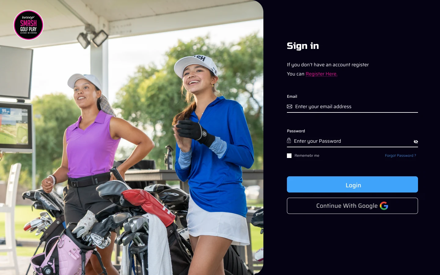 Smash sign-in design pairing golfers at the range with email and Google authentication