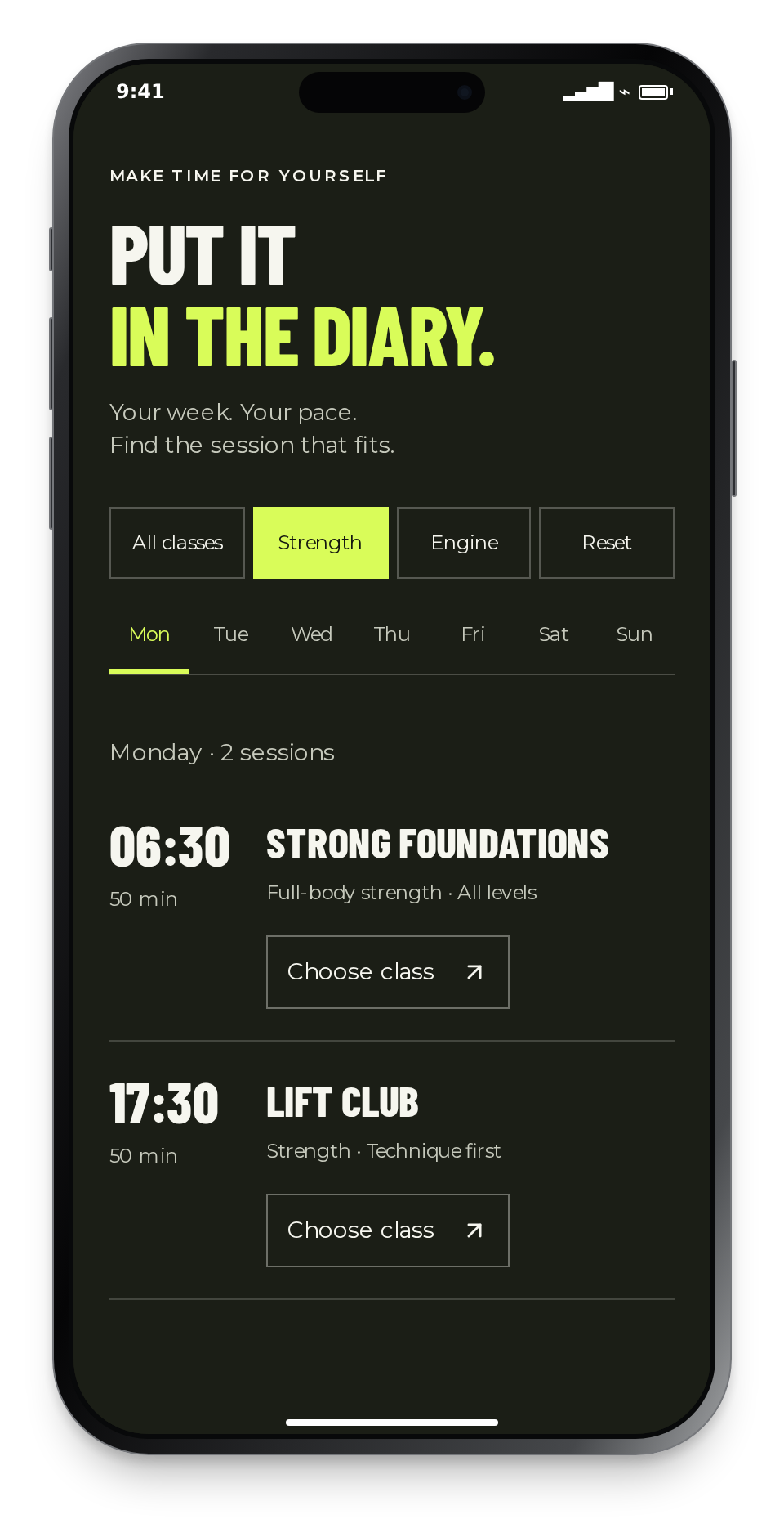 FORM Athletic training filters and class schedule displayed on a mobile phone