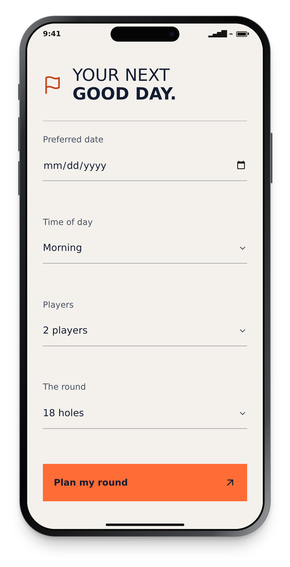 Ocotillo date, player, and tee-time preferences displayed on a mobile phone