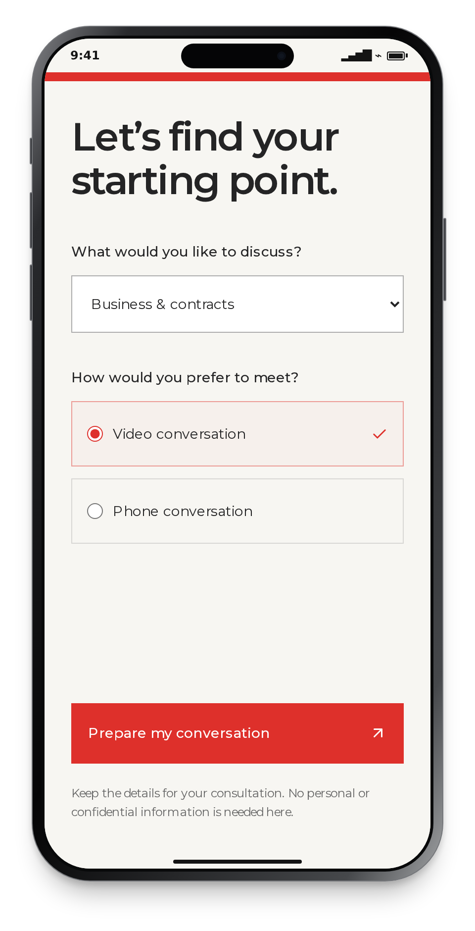 Meridian Counsel consultation preferences displayed on a mobile phone