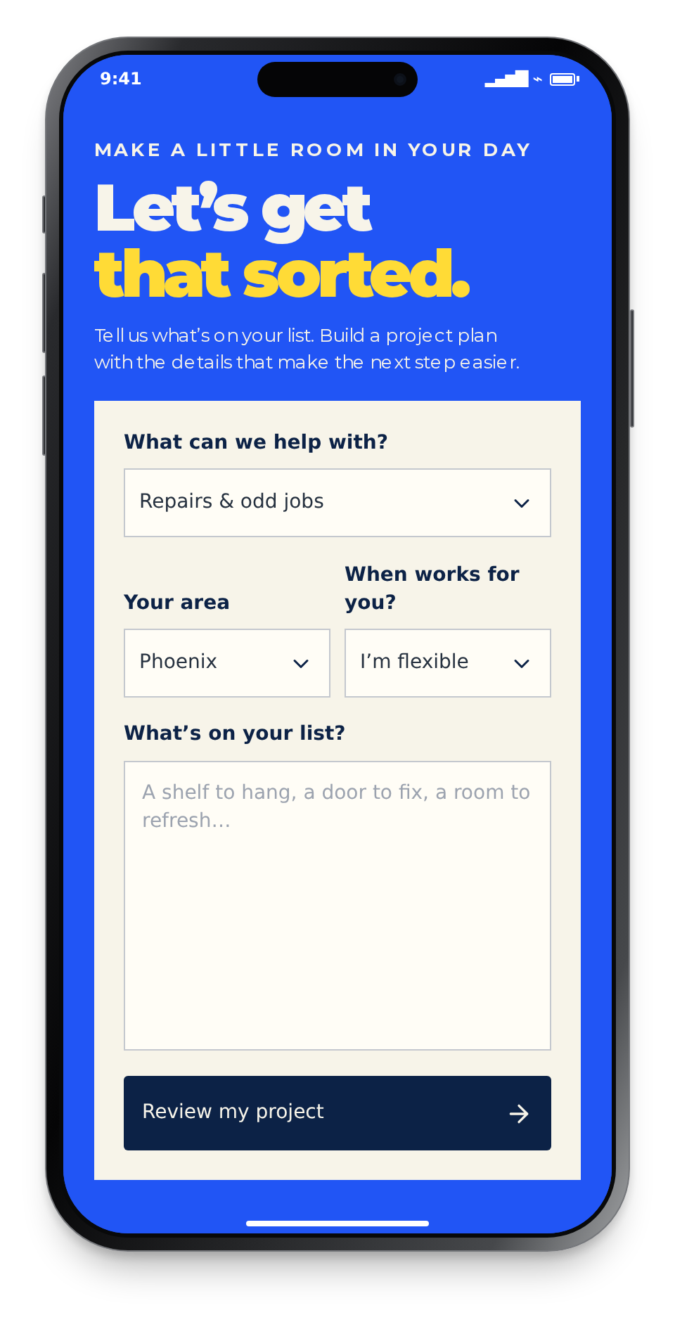 Goodday Home service, location, and project preferences displayed on a mobile phone