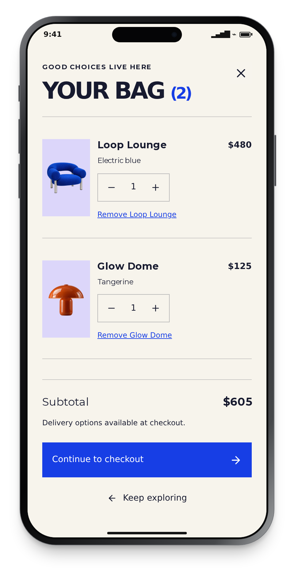 Forma Objects shopping bag with product quantities, subtotal, and a checkout action displayed on a mobile phone